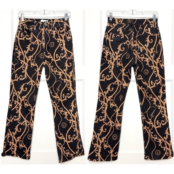 GANNI 90s Baroque Logo Print Denim High Rise Cropped Bootcut Flare Leg Jeans 26 - Picture 10 of 16